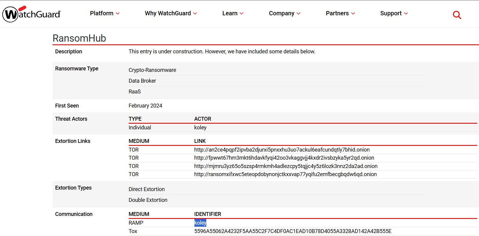 WatchGuard threat intelligence page for RansomHub showing: Ransomware Type: Crypto-Ransomware, Data Broker, RaaS. First Seen: February 2024. Threat Actors: Type: Individual, Actor: koley (highlighted). Extortion Links: four TOR onion URLs. Extortion Types: Direct Extortion, Double Extortion. Communication: RAMP medium with "koley" identifier (highlighted in blue).